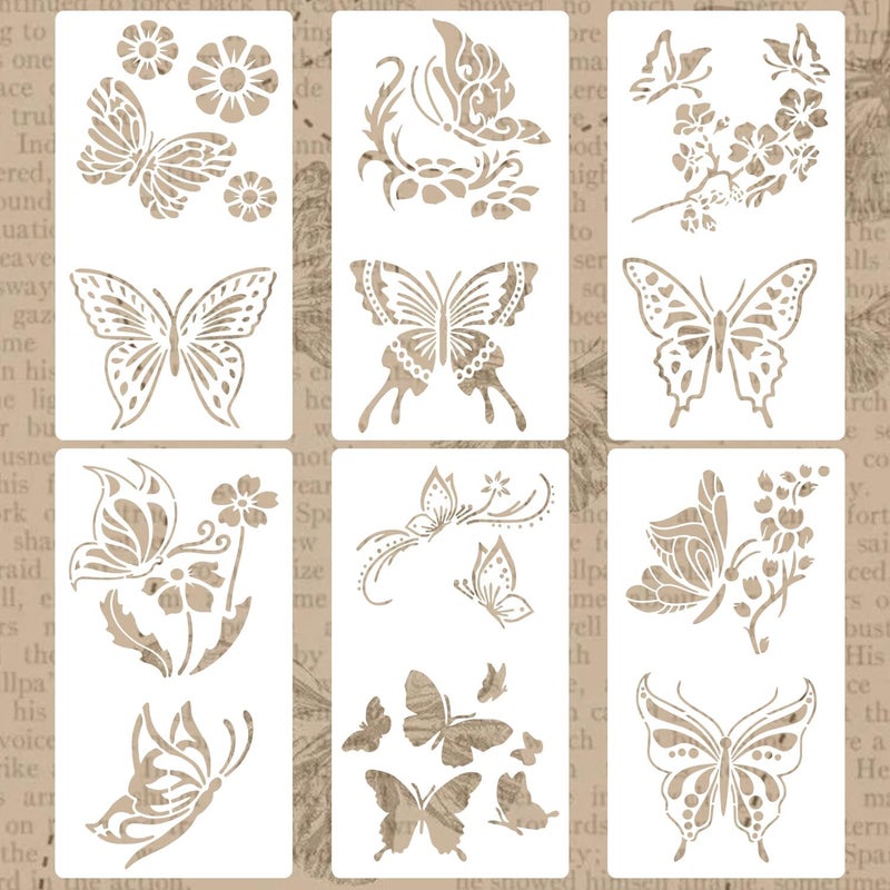 Resflyar 6 PCS Butterfly Stencil Reusable Flying Butterfly Template Plastic Nature Floral Stencils for Painting on Wood Walls Fabric Furniture Floors Home Decor DIY Craft Wood Sign 11.8 x 6.3 Inch - Image 1